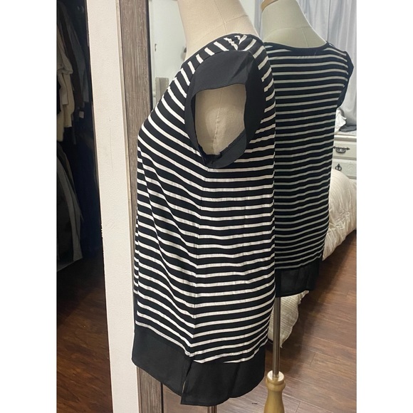 Premise | Striped Sheer Edge Longline Black & White Tee Shirt Blouse - Picture 2 of 11